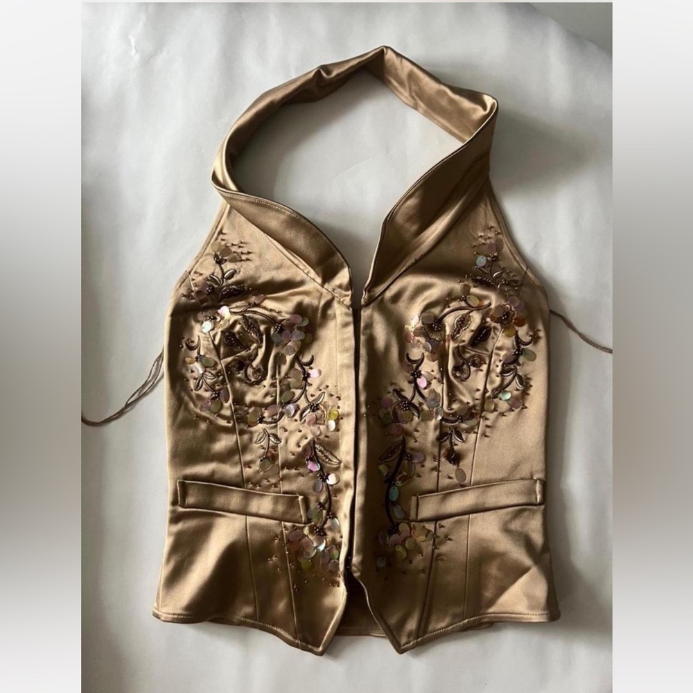 Y2K Adrianna Papell Tan Embellished backless Halter Top vintage